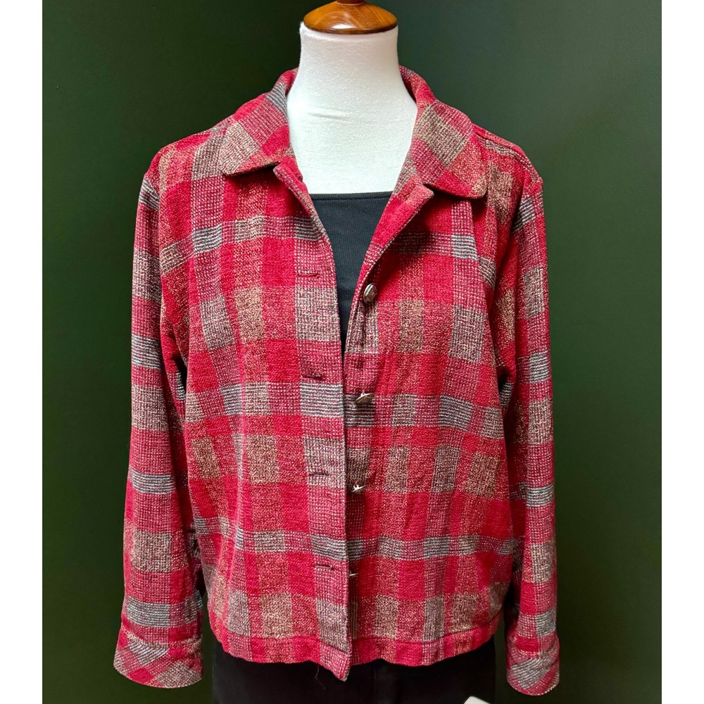 Vintage Christopher & Banks Red Plaid Textured Button Up‎ Jacket Women's L